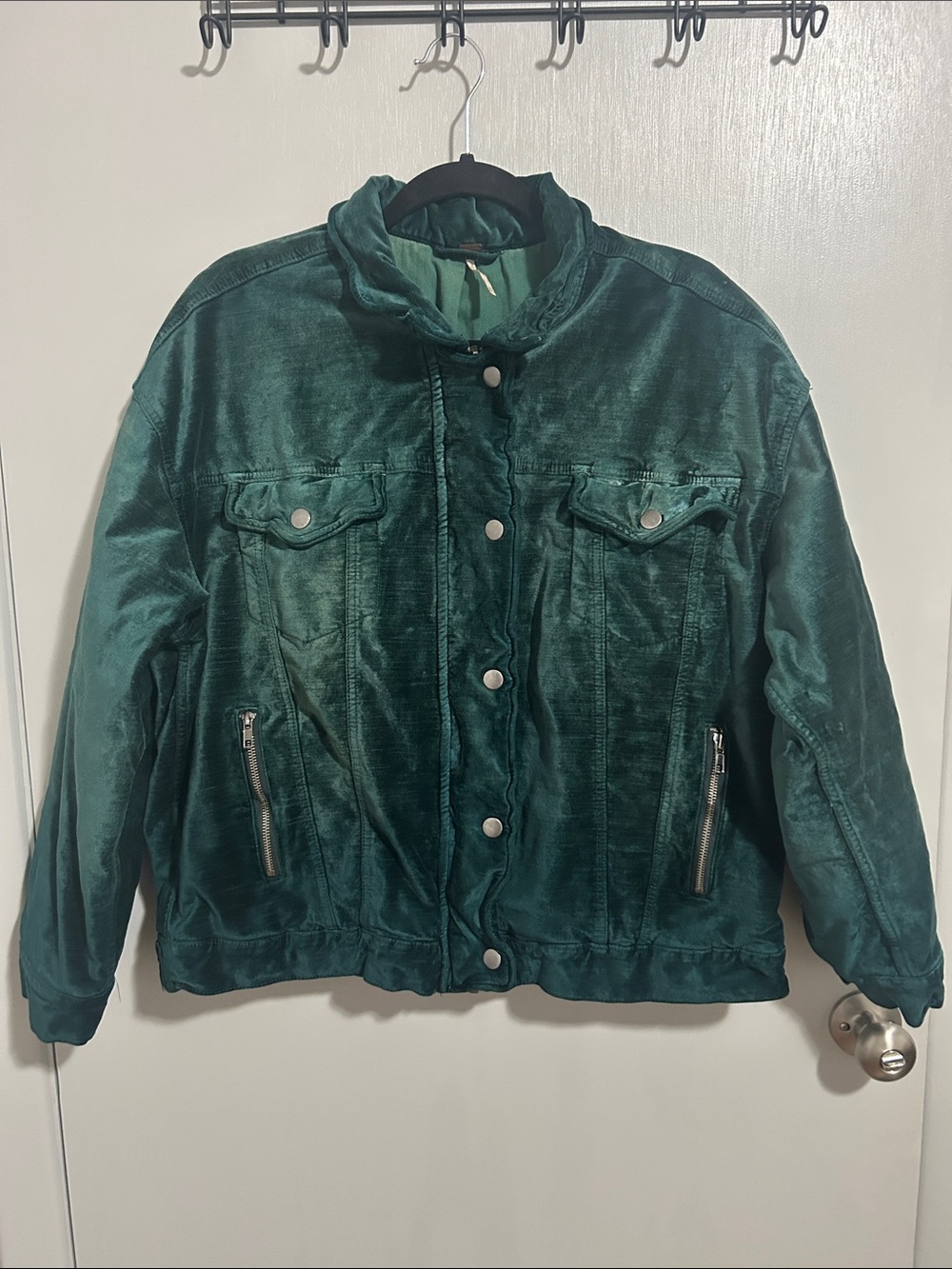 Free People Emerald Green Velvet Trucker Jacket Size M/L EUC Retro Grunge